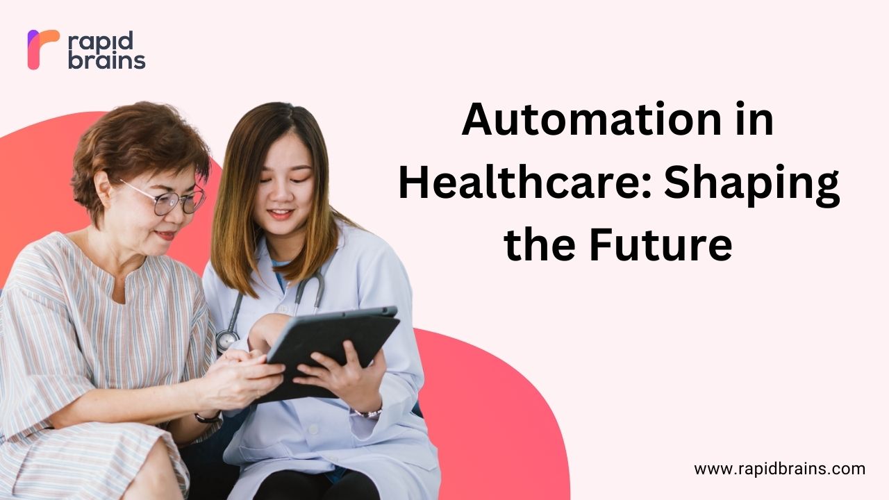 two doctors discussing with a tablet in hand where the background has a text saying automation in healthcare shaping the future